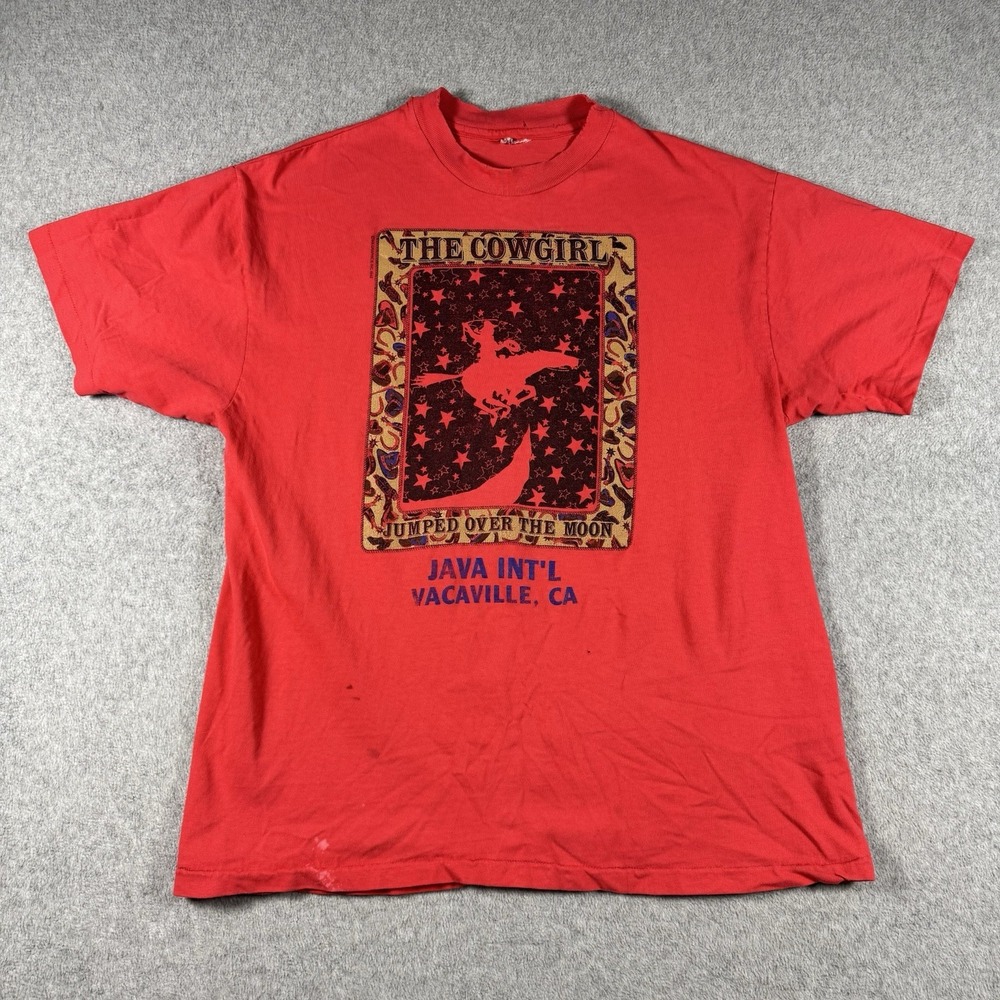 Vintage 1995 Cowgirl Jumped Over The Moon Java Int'l Vacaville CA Red T-Shirt M